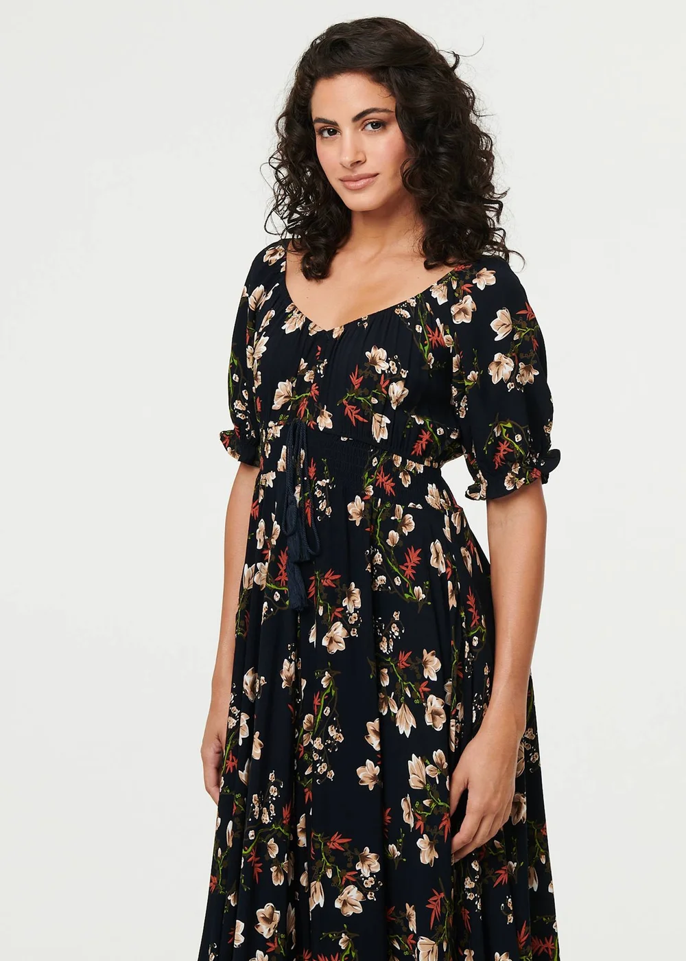 Izabel London Navy Floral Bardot Shirred Empire Maxi Dress - 12 Image 4