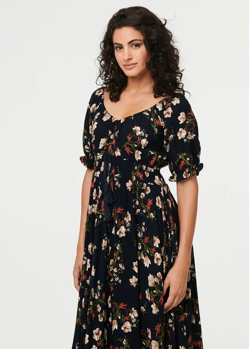 Izabel London Navy Floral Bardot Shirred Empire Maxi Dress - 14 Image 4