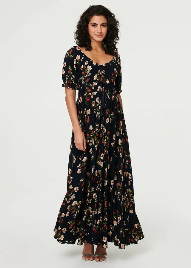 Izabel London Navy Floral Bardot Shirred Empire Maxi Dress