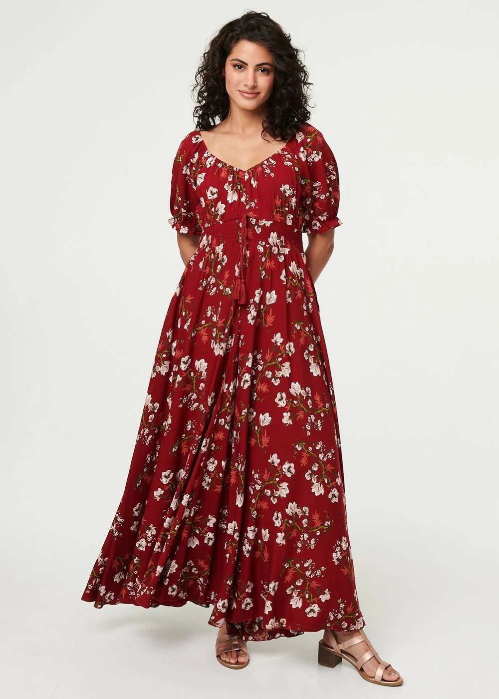 Izabel London Red Floral Bardot Shirred Empire Maxi Dress - 8 Image 1