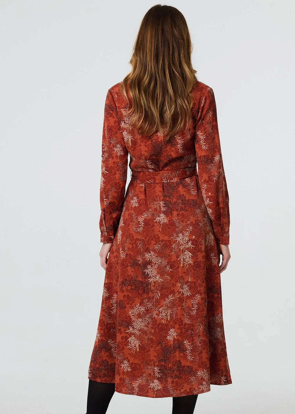 Izabel London Orange Leaf Print Tie Waist Midi Shirt Dress - 8 Image 2