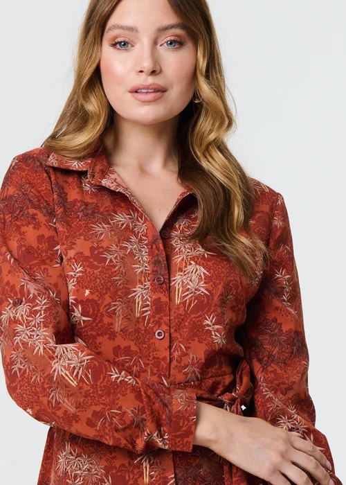 Izabel London Orange Leaf Print Tie Waist Midi Shirt Dress - 8 Image 3