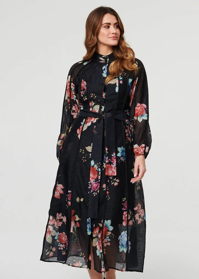 Izabel London Black Floral Semi Sheer Tie Waist Midi Dress