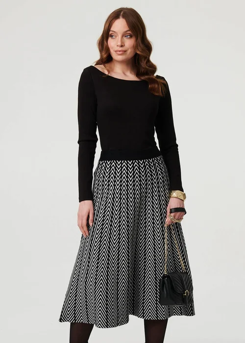 Izabel London Black Chevron Print High Waist Knit Midi Skirt - 8 Image 1