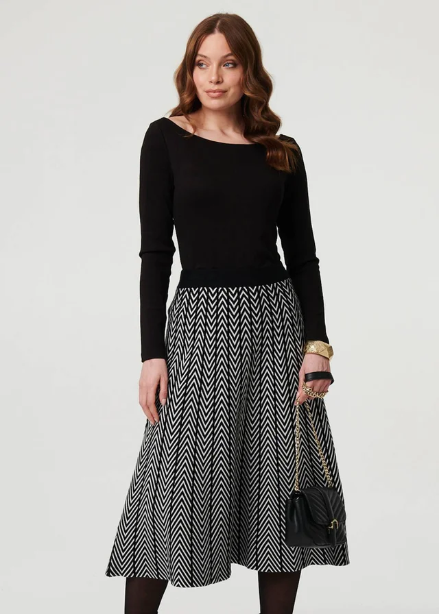 Izabel London Black Chevron Print High Waist Knit Midi Skirt