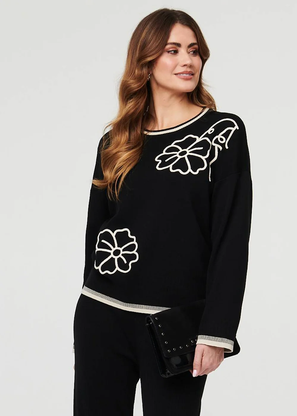 Izabel London Black Floral Trim Jumper & Trousers Co-Ord Set - S Image 4