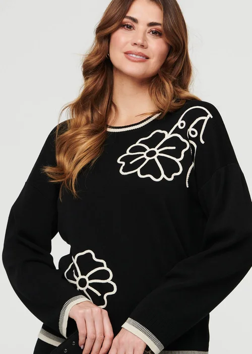 Izabel London Black Floral Trim Jumper & Trousers Co-Ord Set - S Image 3