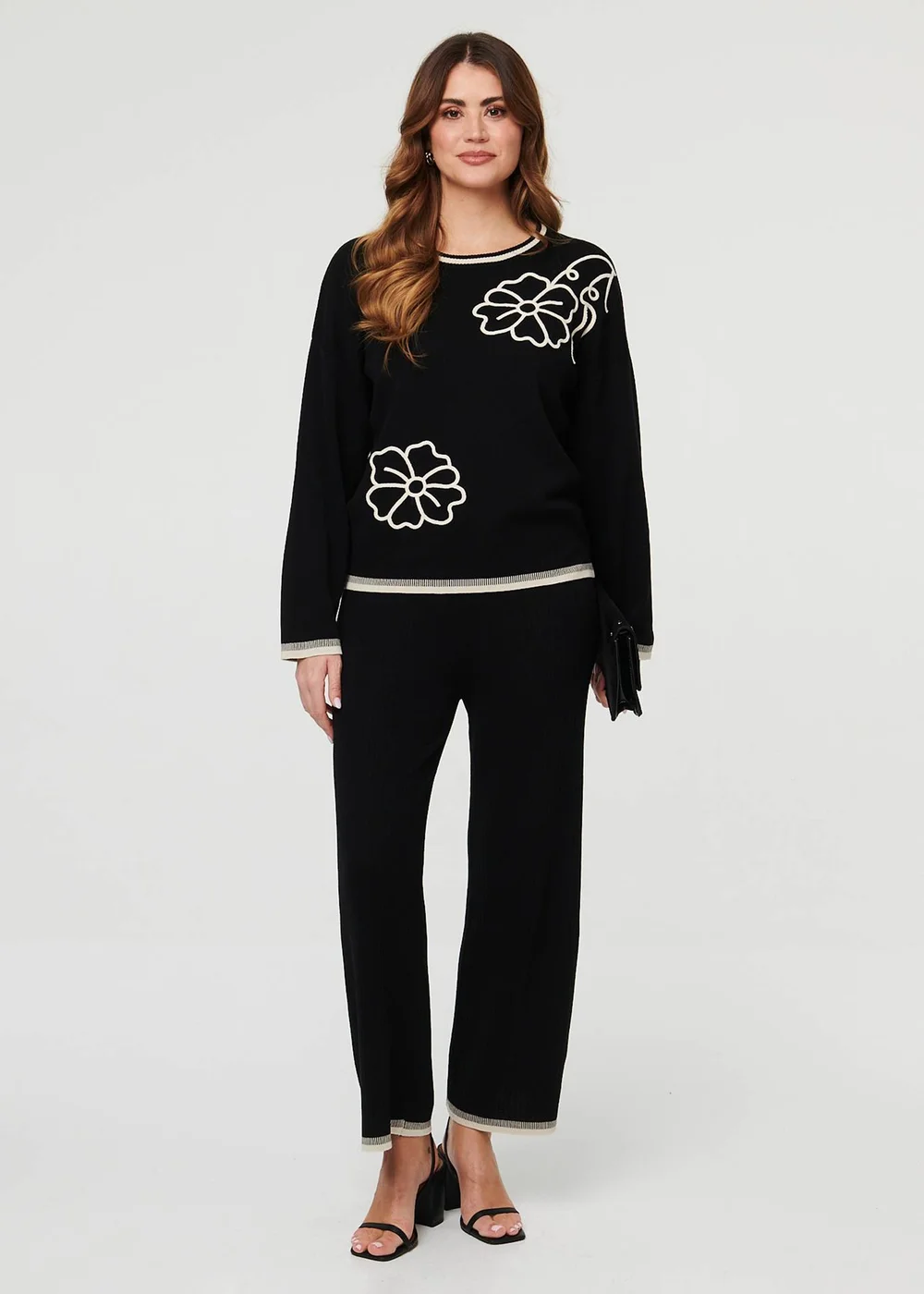 Izabel London Black Floral Trim Jumper & Trousers Co-Ord Set - S Image 1