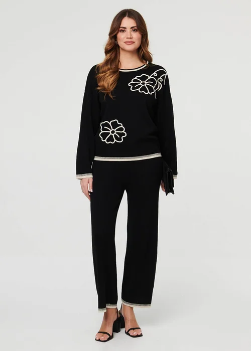 Izabel London Black Floral Trim Jumper & Trousers Co-Ord Set - S Image 1