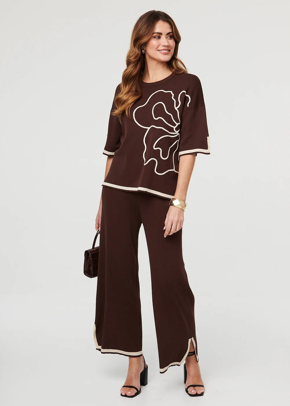 Izabel London Brown Floral Trim Top & Trousers Co-Ord Set - S Image 1