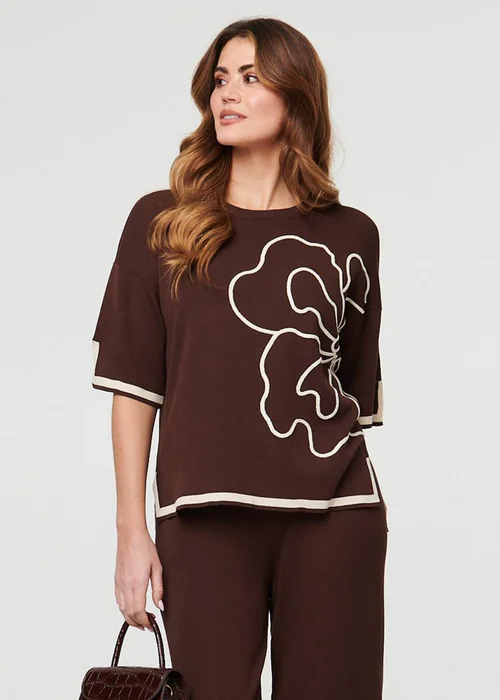 Izabel London Brown Floral Trim Top & Trousers Co-Ord Set - S Image 4