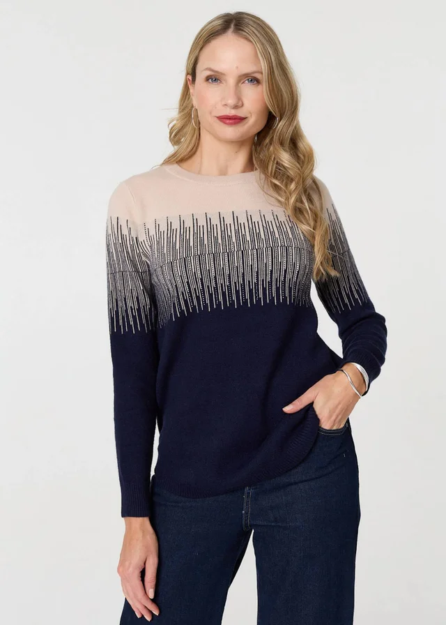 Izabel London Navy Sparkly Embellished Long Sleeve Jumper