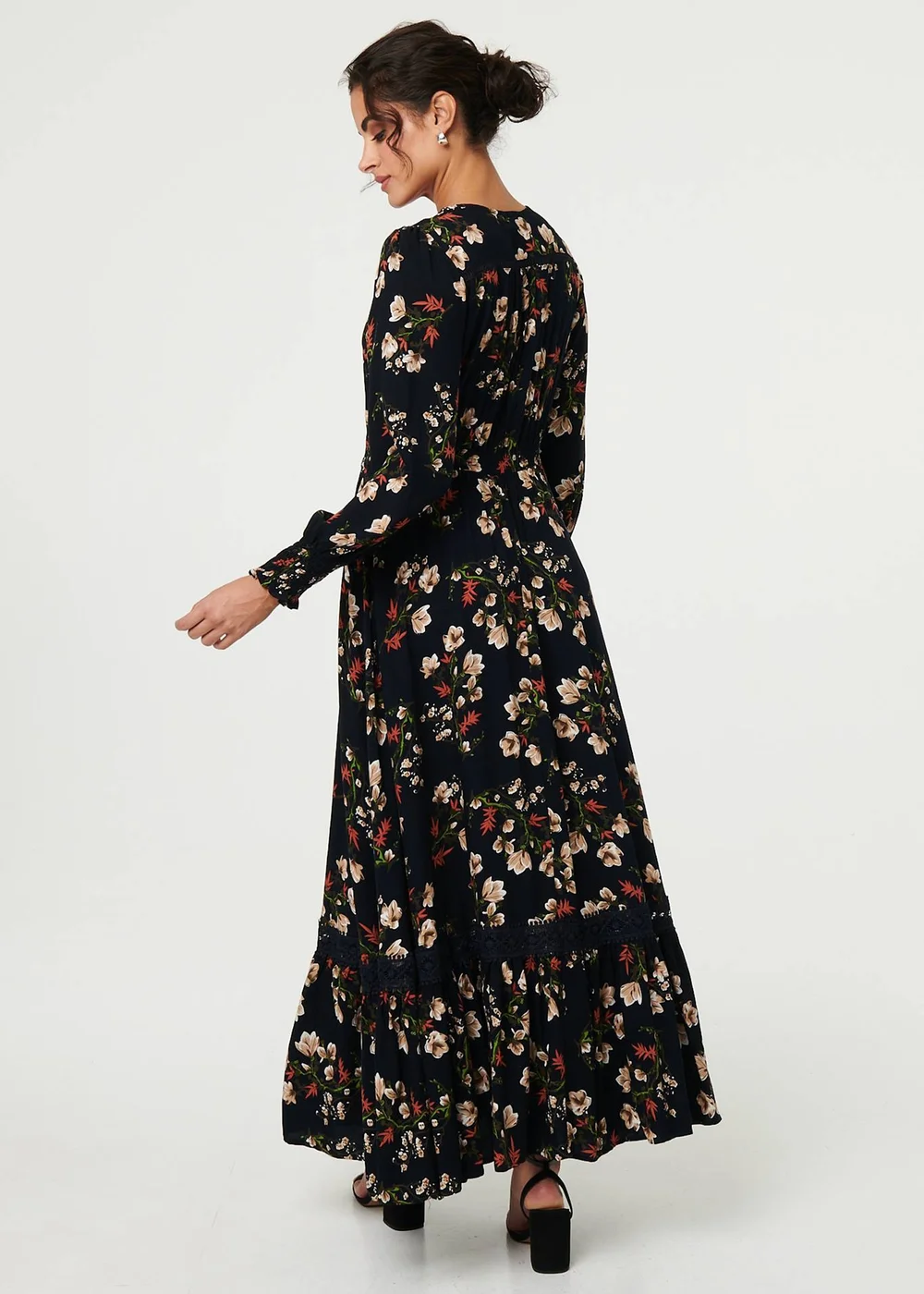 Izabel London Navy Floral Long Sleeve Lace Trim Maxi Dress - 14 Image 2