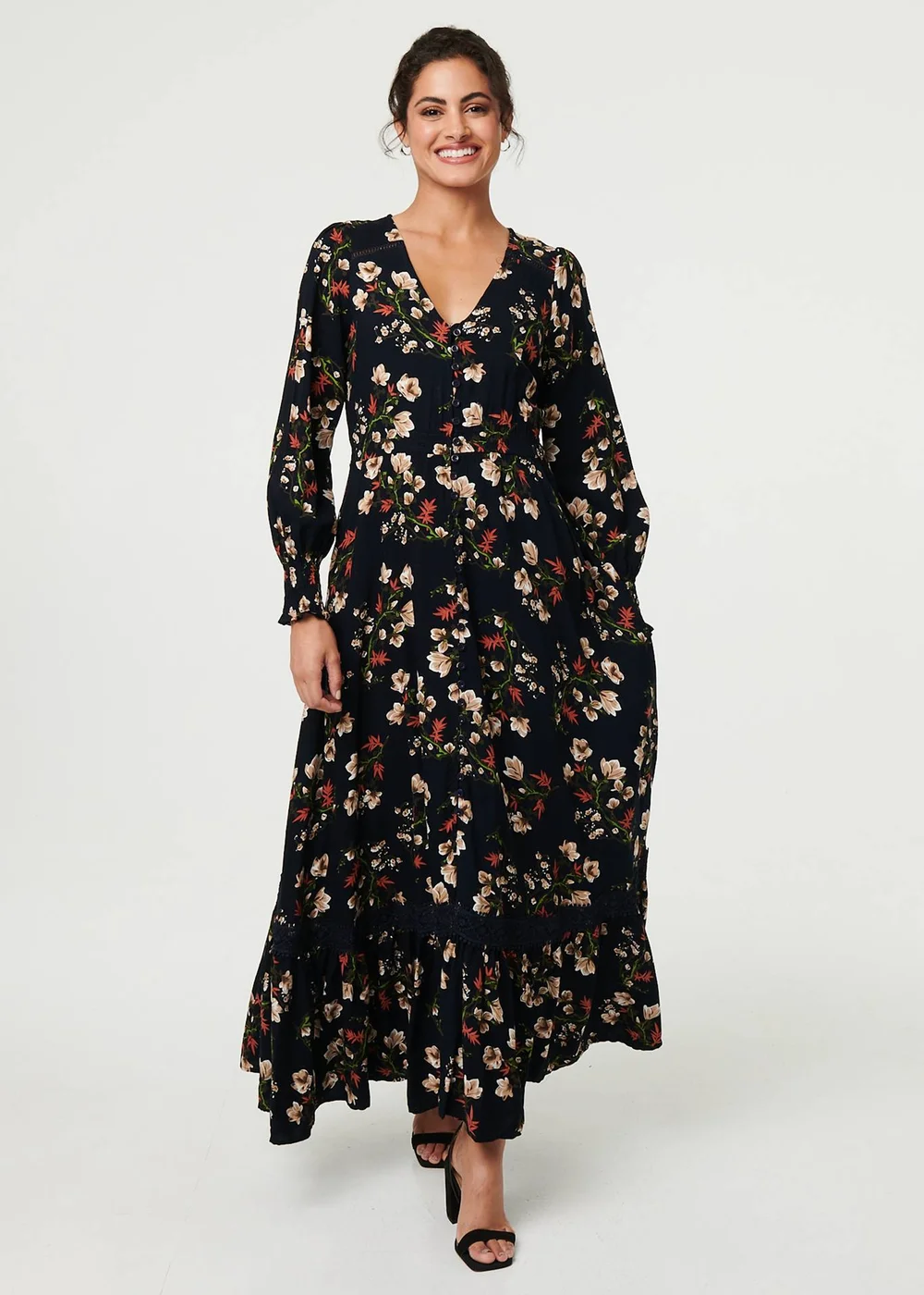 Izabel London Navy Floral Long Sleeve Lace Trim Maxi Dress - 14 Image 1