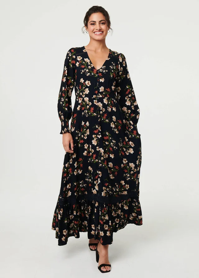 Izabel London Navy Floral Long Sleeve Lace Trim Maxi Dress