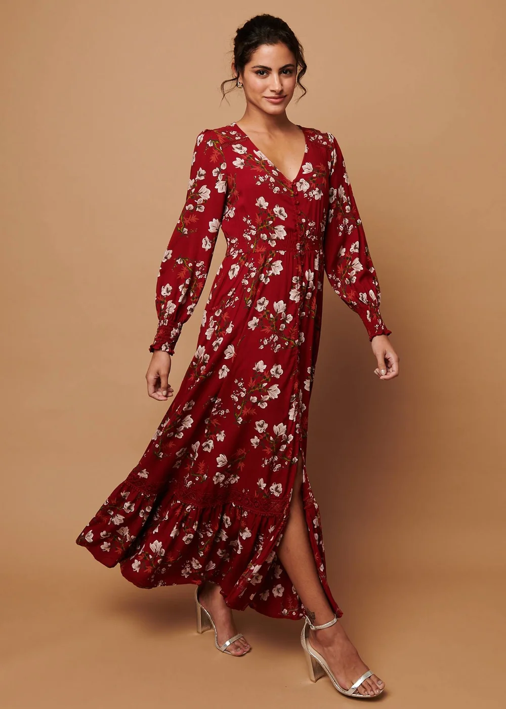 Izabel London Red Floral Long Sleeve Lace Trim Maxi Dress - 20 Image 2