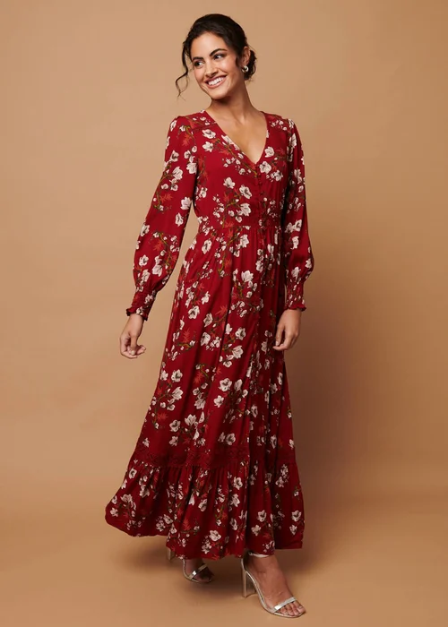 Izabel London Red Floral Long Sleeve Lace Trim Maxi Dress - 20 Image 1