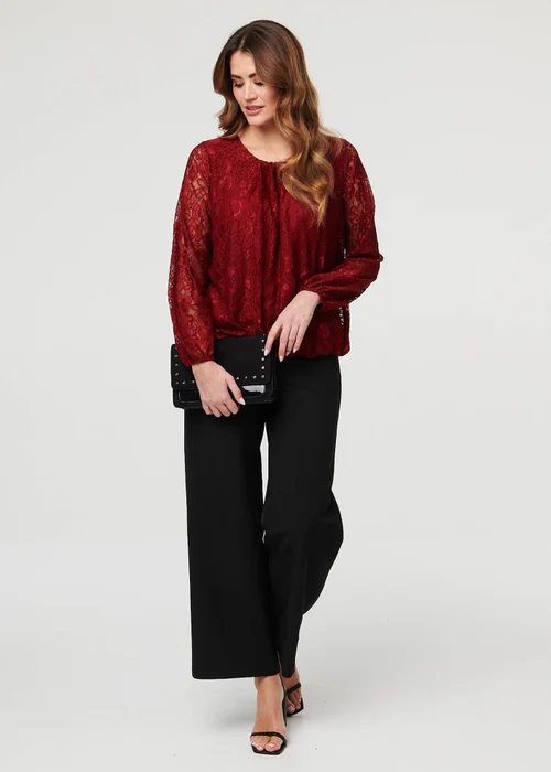 Izabel London Burgundy Floral Lace Semi Sheer Ruched Blouse - 8 Image 4