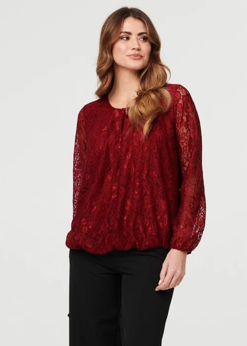 Izabel London Burgundy Floral Lace Semi Sheer Ruched Blouse - 8 Image 1