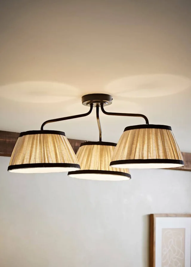 ValueLights Clara Black 3 Arm Ceiling Light Fitting with Pleated Lampshades