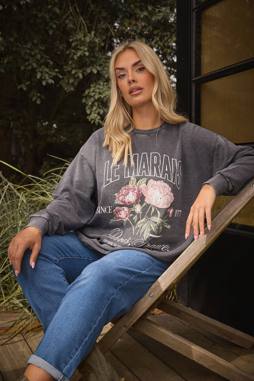 Yours Curve Grey Acid Wash Floral Print Sweatshirt - Size 18 Image 1
