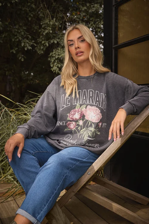 Yours Curve Grey Acid Wash Floral Print Sweatshirt - Size 18 Image 1