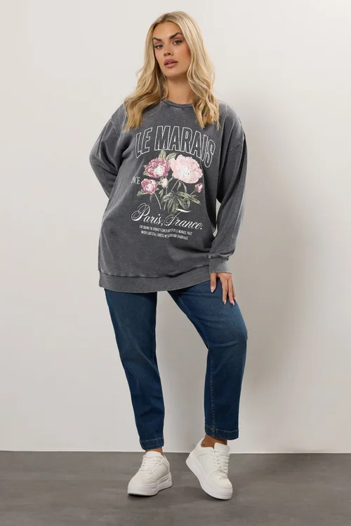 Yours Curve Grey Acid Wash Floral Print Sweatshirt - Size 18 Image 4