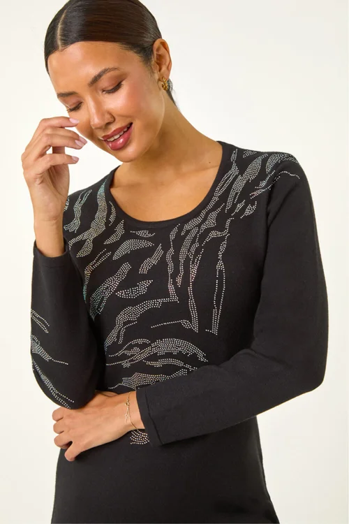 Roman Black Animal Print Embellished Shift Dress - 12 Image 4