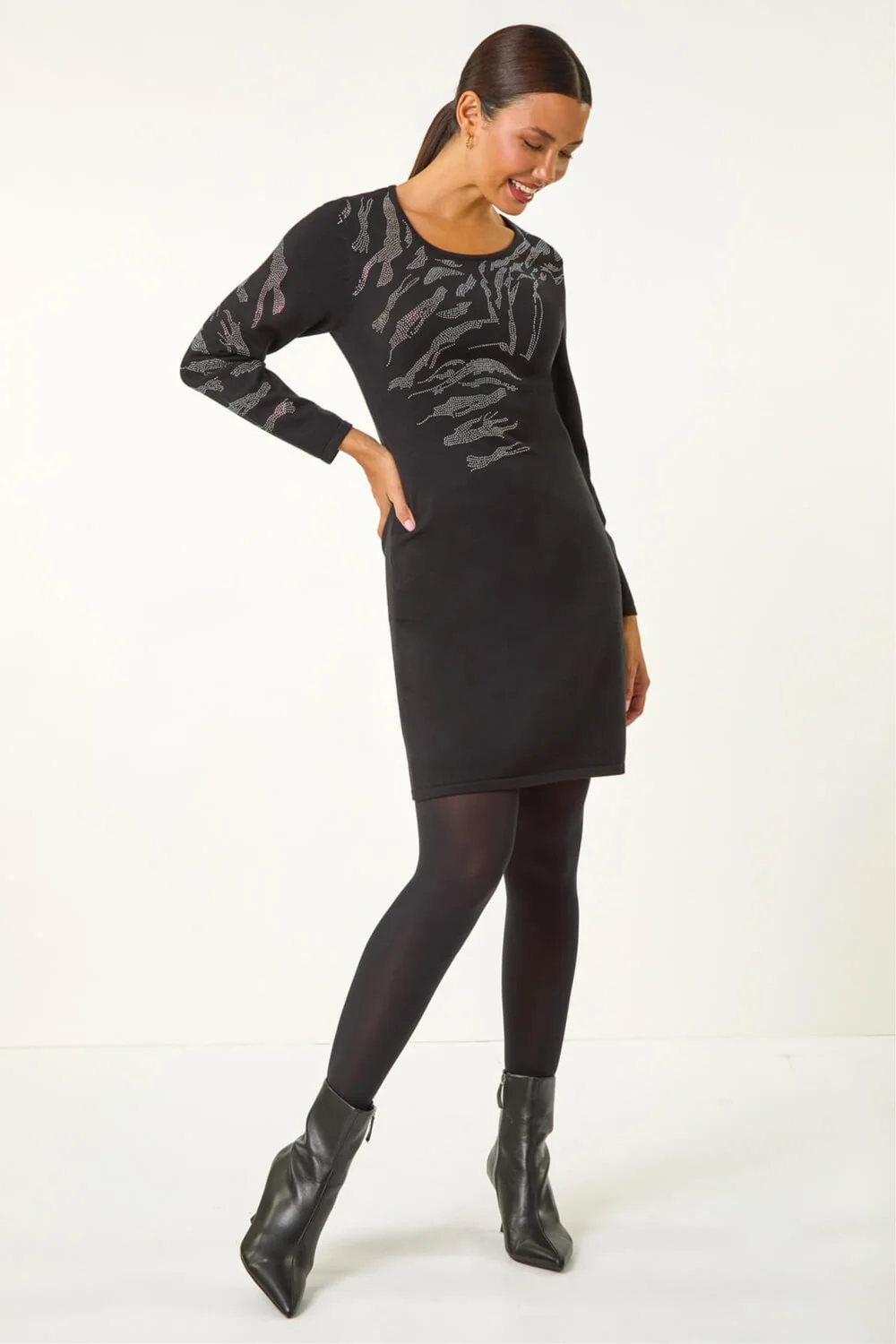 Roman Black Animal Print Embellished Shift Dress - 12 Image 1
