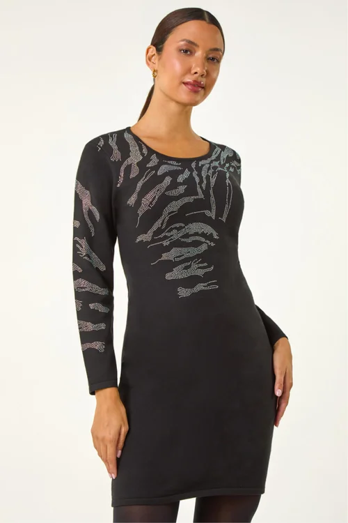 Roman Black Animal Print Embellished Shift Dress - 12 Image 2