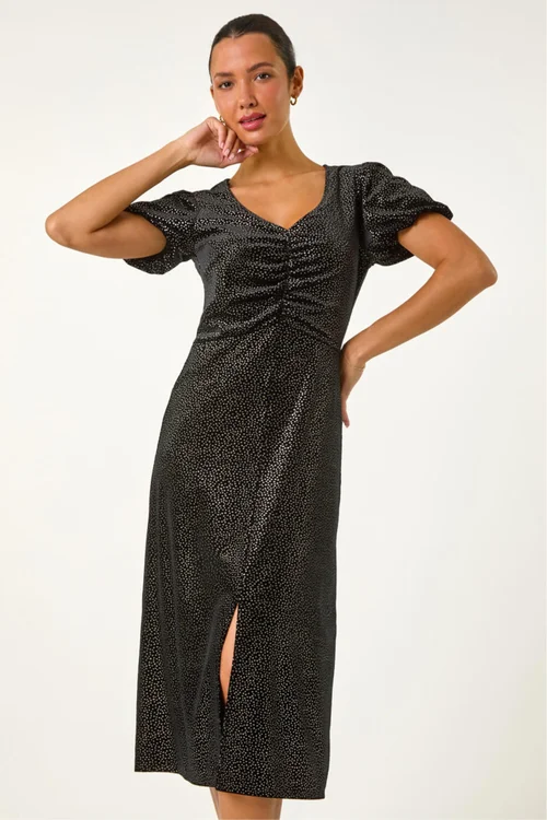 Roman Black Velvet Ruched Front Stretch Midi Dress - Size 14 Image 4