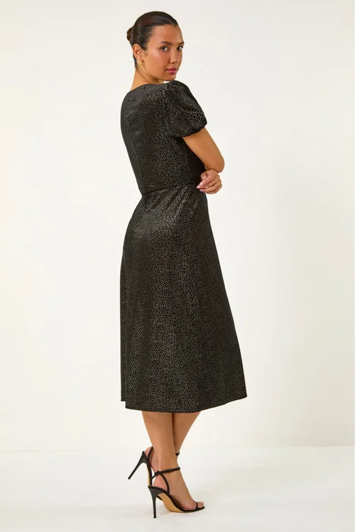 Roman Black Velvet Ruched Front Stretch Midi Dress - Size 14 Image 3