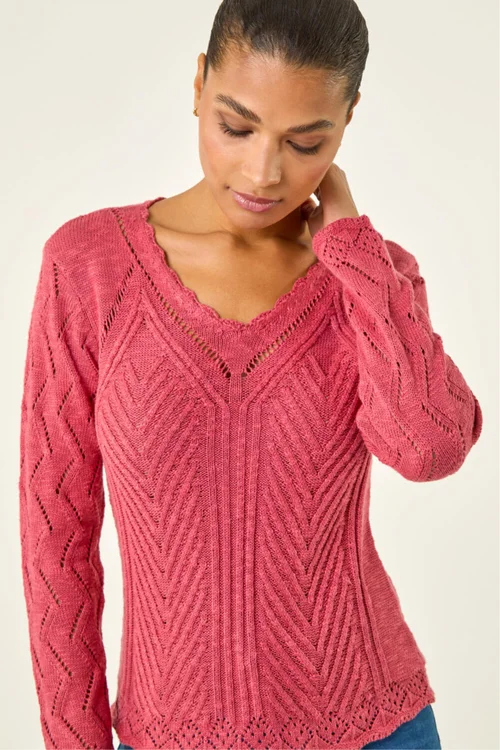 Roman Cerise Scallop V-Neck Knit Jumper - Size 14 Image 1