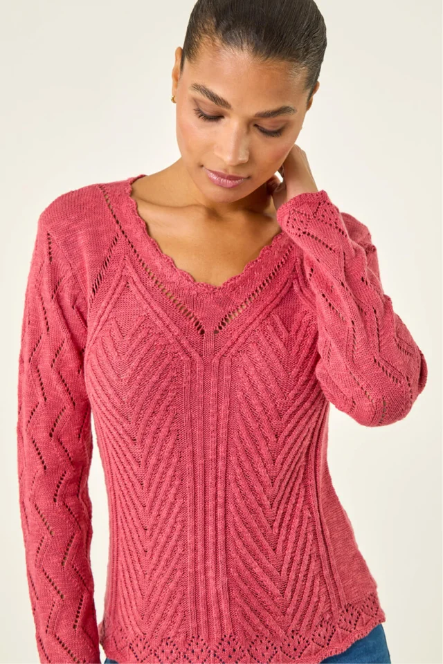 Roman Cerise Scallop V-Neck Knit Jumper