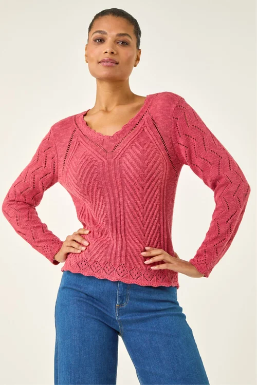 Roman Cerise Scallop V-Neck Knit Jumper - Size 14 Image 4