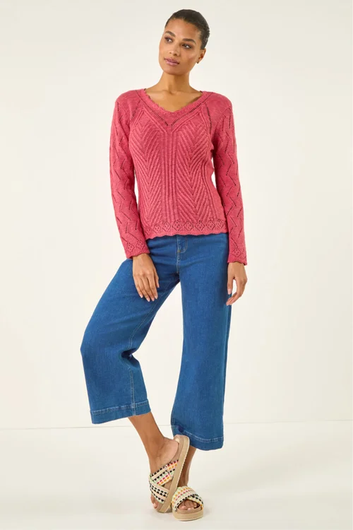Roman Cerise Scallop V-Neck Knit Jumper - Size 14 Image 2
