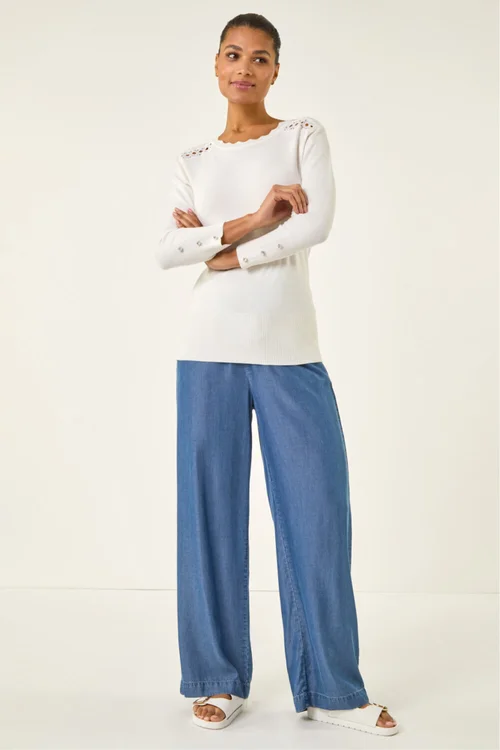 Roman Ivory Scalloped Neck Knit Jumper - Size 10 Image 2