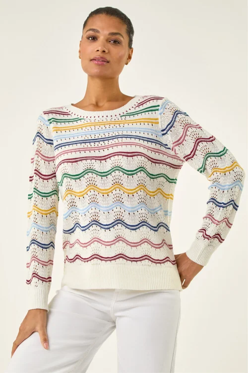 Roman Ivory Stripe Wave Knit Jumper - Size 16 Image 4