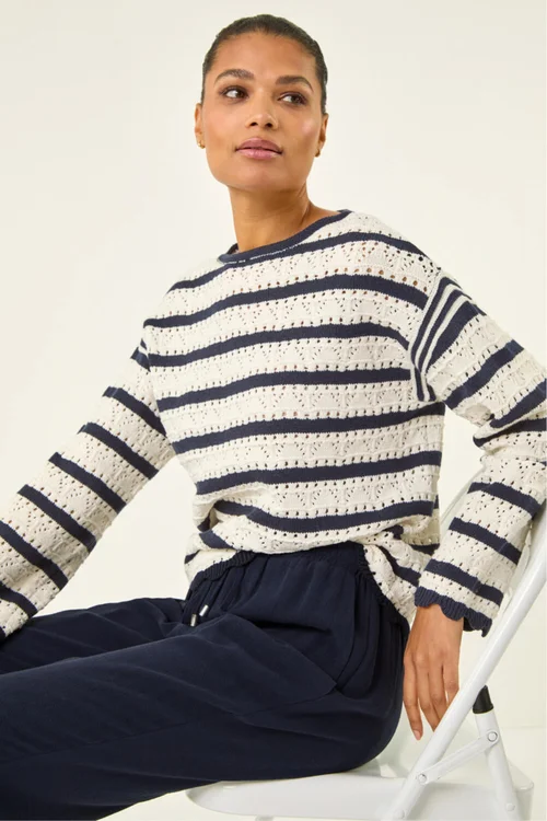 Roman Ivory Stripe Pointelle Knit Jumper - 12 Image 1