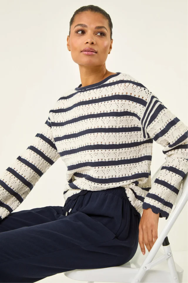 Roman Ivory Stripe Pointelle Knit Jumper
