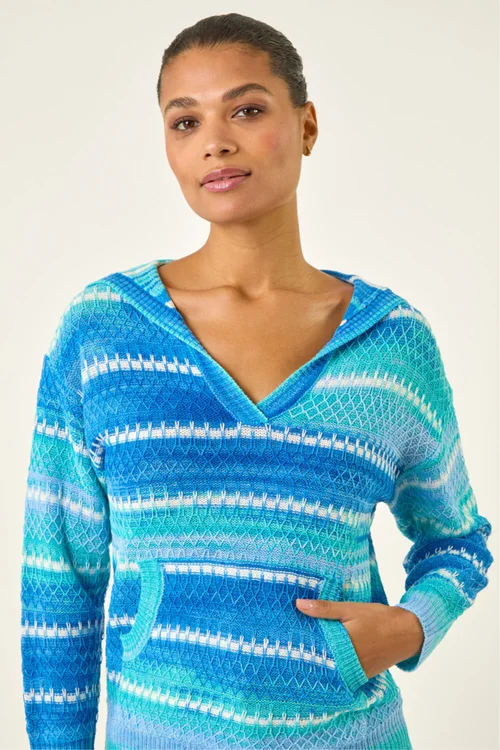 Roman Blue Textured V-Neck Knit Hoodie - Size 18 Image 4