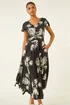 Roman Black Floral Print Ruched Midi Dress - 14 Image 1