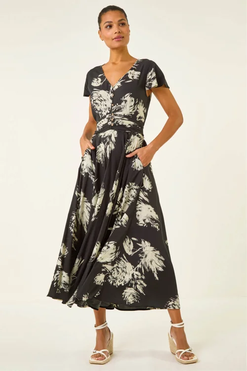 Roman Black Floral Print Ruched Midi Dress - Size 14 Image 2