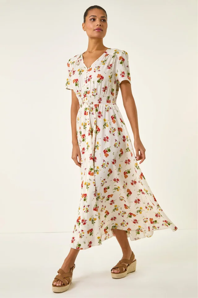 Roman Ivory Floral Print Buttoned Midi Dress