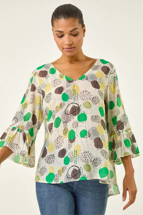 Roman Green Abstract Spot Flare Sleeve Top - Size 18 Image 4