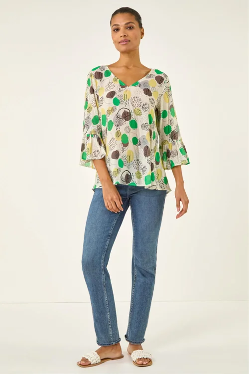 Roman Green Abstract Spot Flare Sleeve Top - Size 18 Image 2