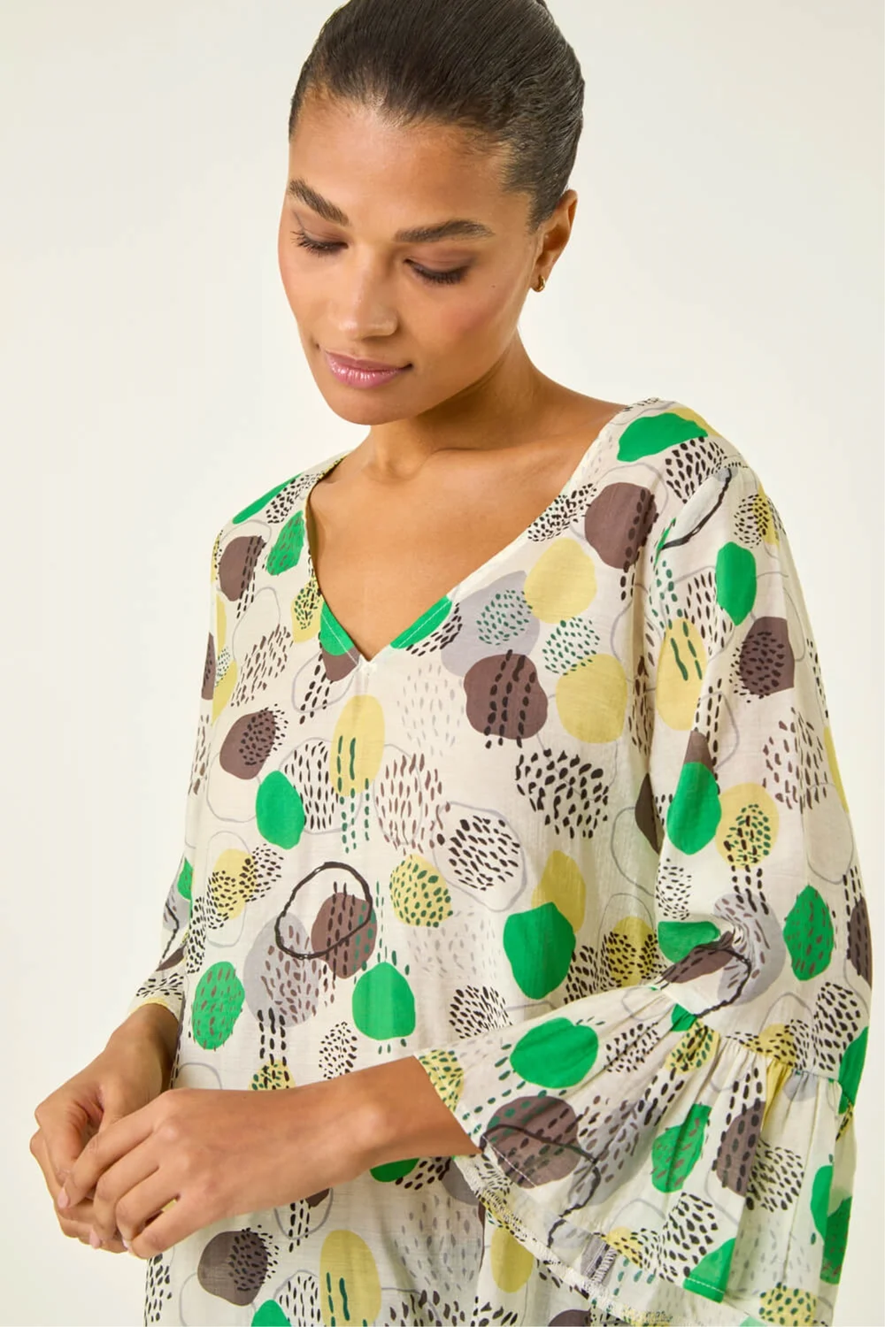 Roman Green Abstract Spot Flare Sleeve Top - Size 18 Image 1