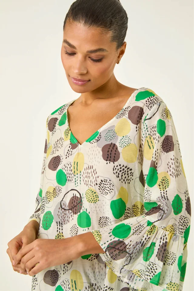 Roman Green Abstract Spot Flare Sleeve Top
