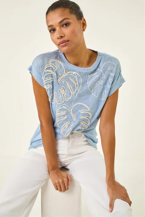 Roman Light Blue Textured Leaf T-Shirt - Size 14 Image 1