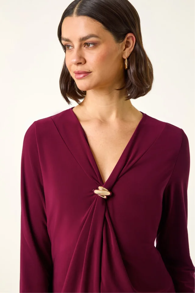 Roman Wine V-Neck Metal Trim Stretch Top